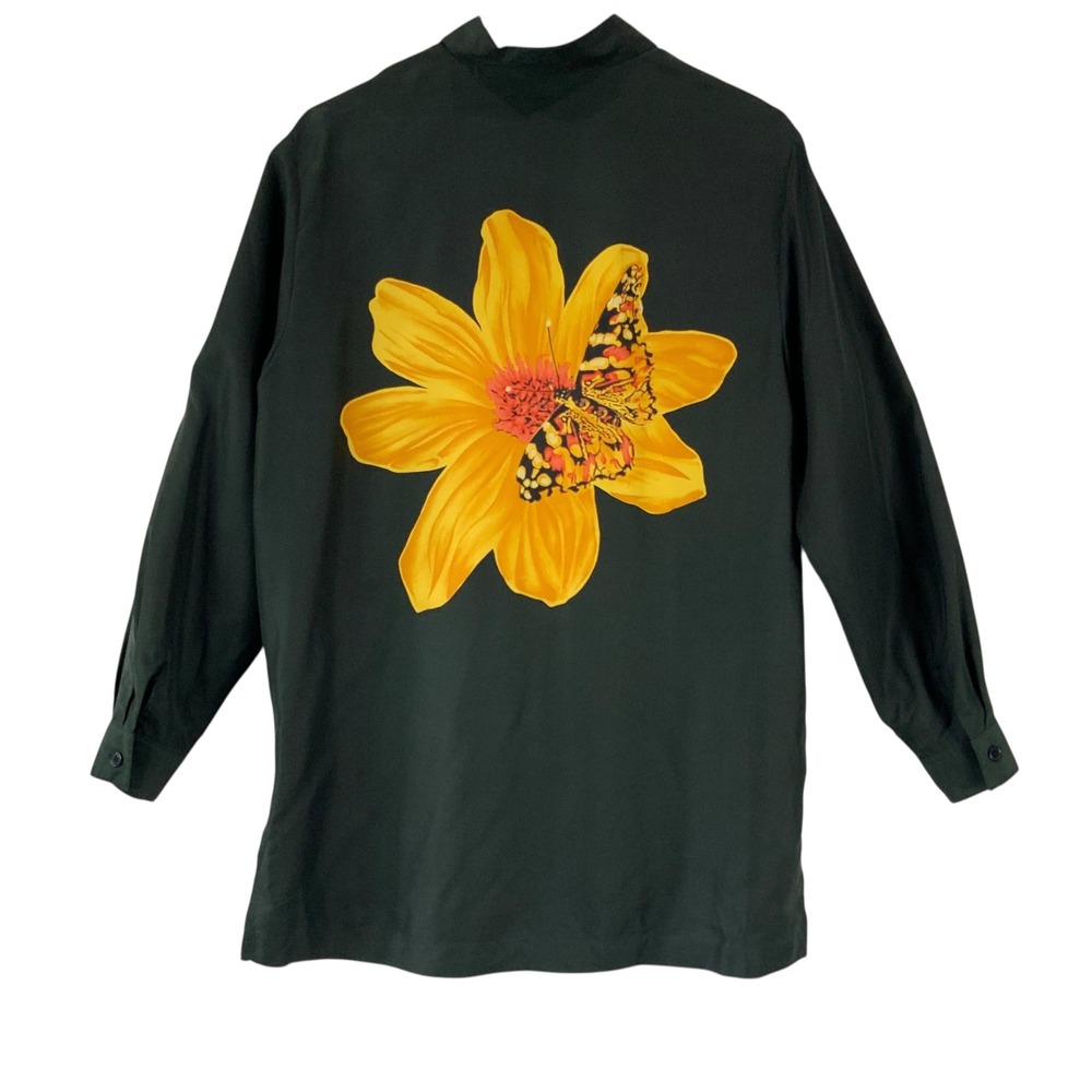 Moda Spiegel Black Silk Butterfly Flower Long Sleeve Button Up Shirt Women's M - Picture 2 of 4